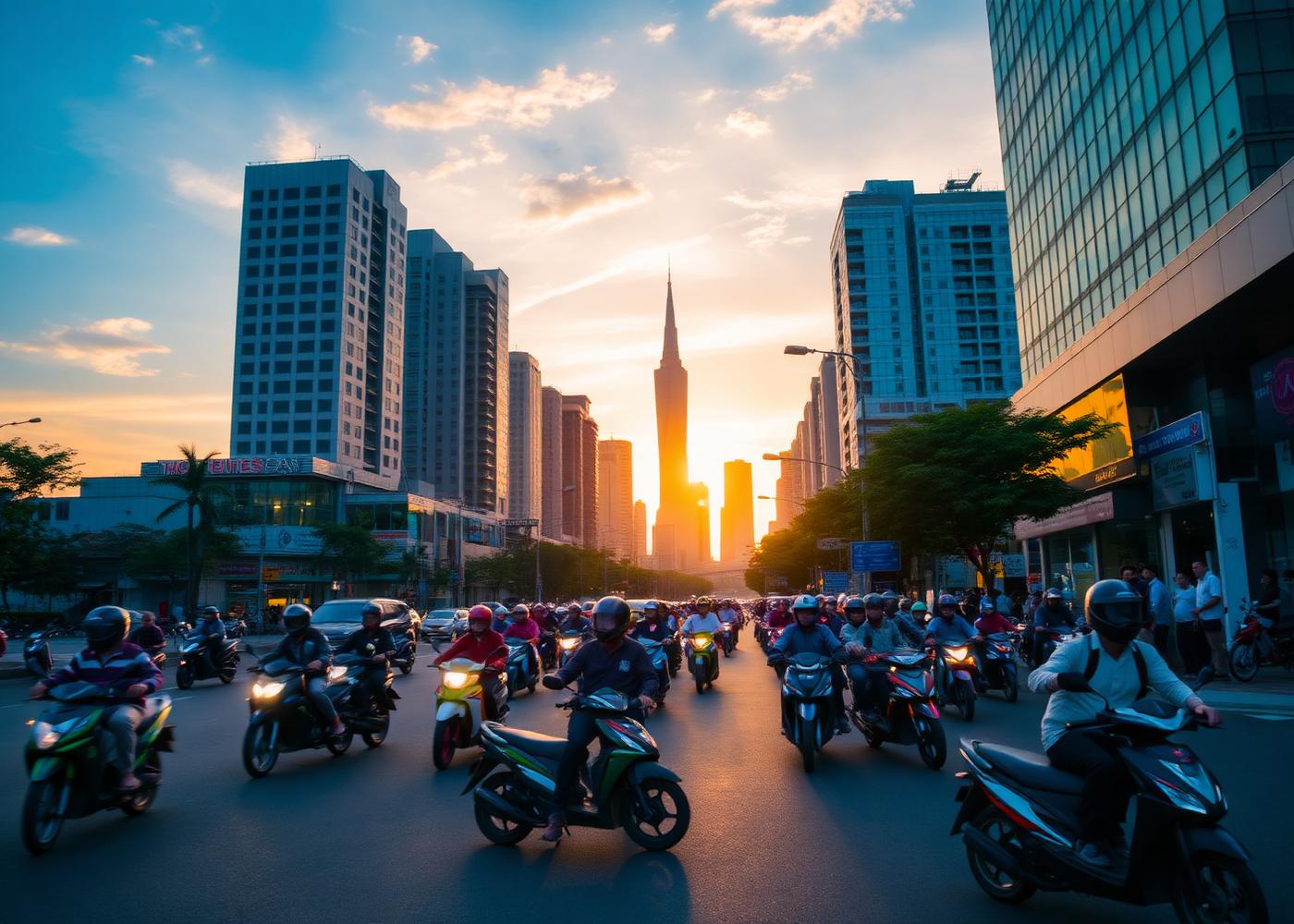 Ho Chi Minh City streets at golden hour